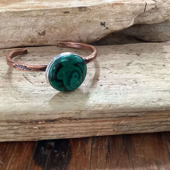 Copper, Sterling Silver and Malachite Cuff Bracelet - Picture 1 of 6